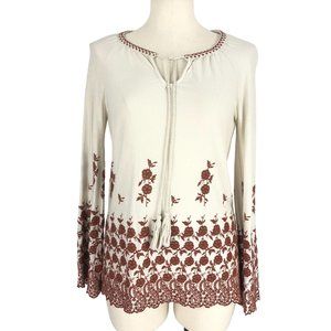 Fever Women's Size XS Boho Cream Burnt Orange Embroidered Tassel Tie Top Blouse